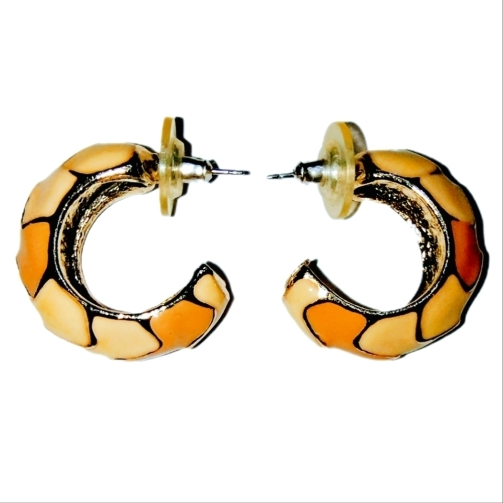 1980s Hoop Earrings Gold Tone Cream Beige Enamel